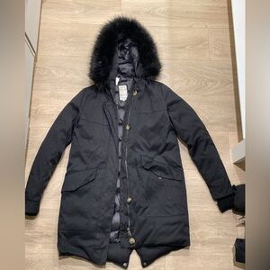 Zara Black Hooded Puffer Coat with Fur Trim